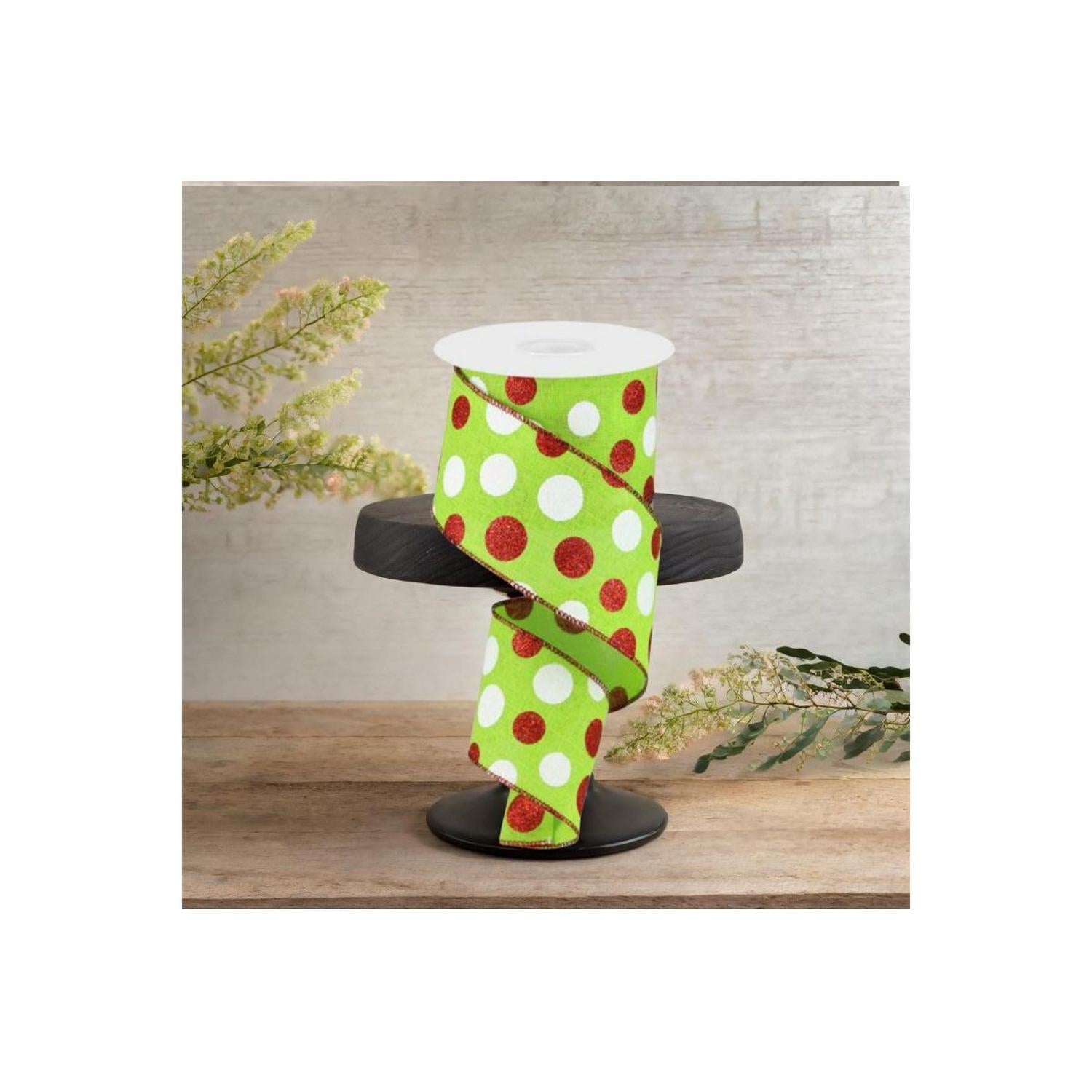 Shop For 2.5" Multi Glitter Dots Ribbon: Lime Green, Red, White (10 Yards)