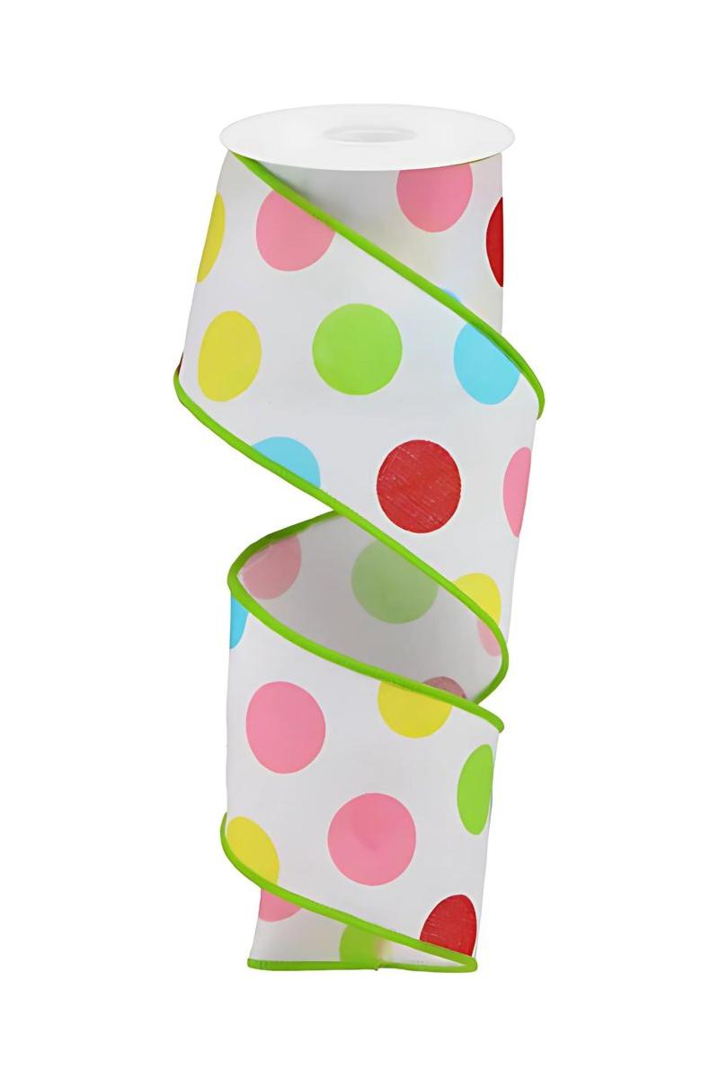 Shop For 2.5" Multi Polka Dots on Royal Ribbon: White/Green (10 Yards)