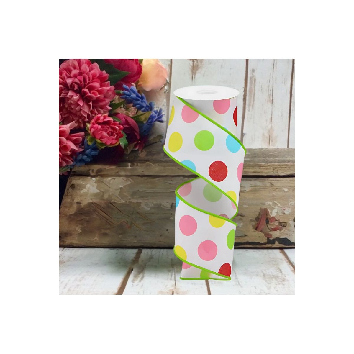 Shop For 2.5" Multi Polka Dots on Royal Ribbon: White/Green (10 Yards)