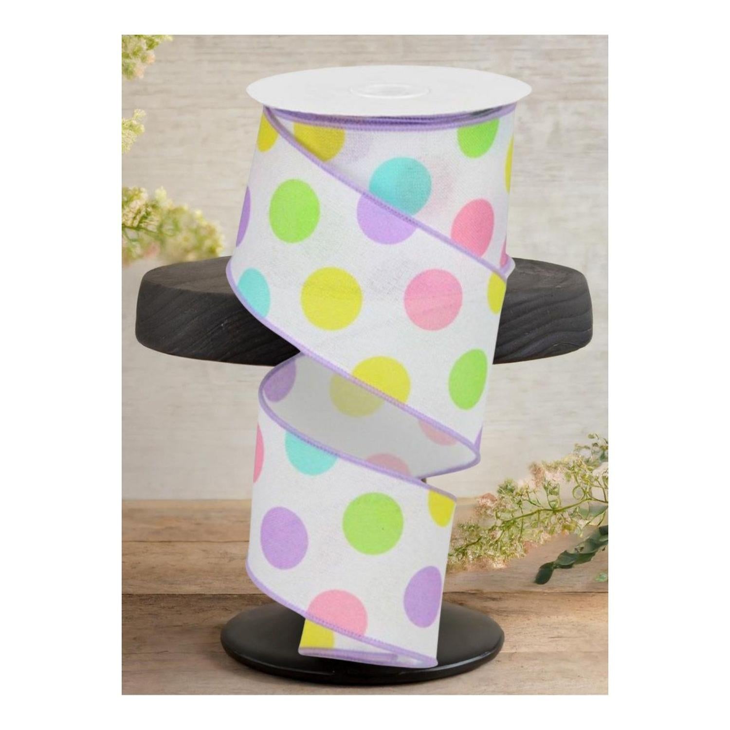 2.5" Multi Polka Dots on Royal Ribbon: White/Lavender (10 Yards)