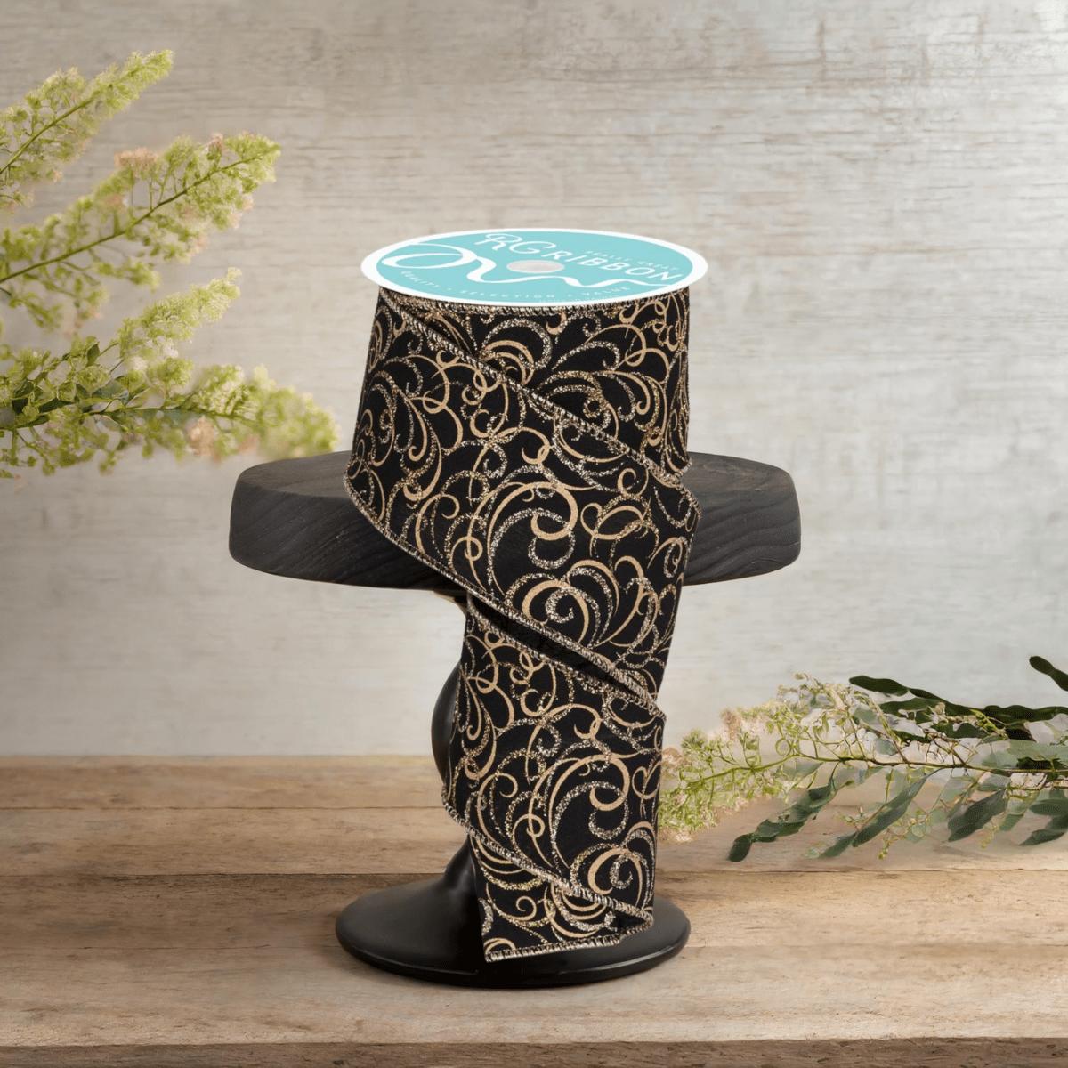 Shop For 2.5" Multi Swirls Glitter Ribbon: Black/Gold (10 Yard)