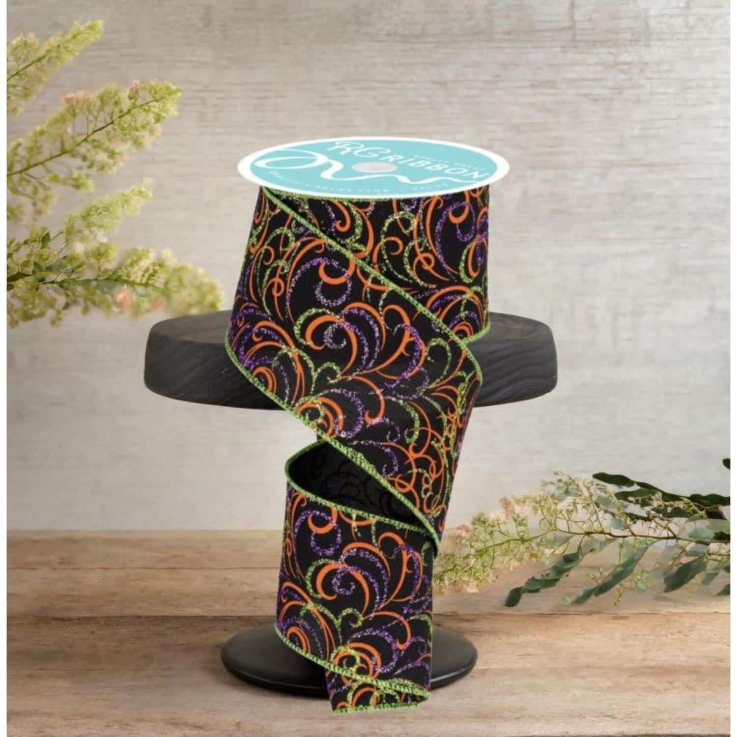 Shop For 2.5" Multi Swirls Glitter Ribbon: Black/Orange/Purple/Lime (10 Yard)
