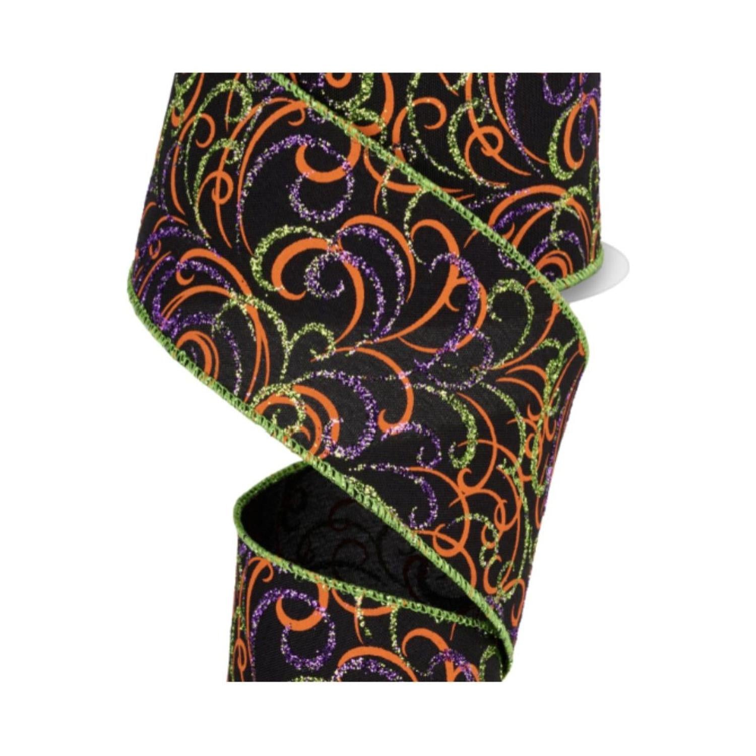 Shop For 2.5" Multi Swirls Glitter Ribbon: Black/Orange/Purple/Lime (10 Yard)
