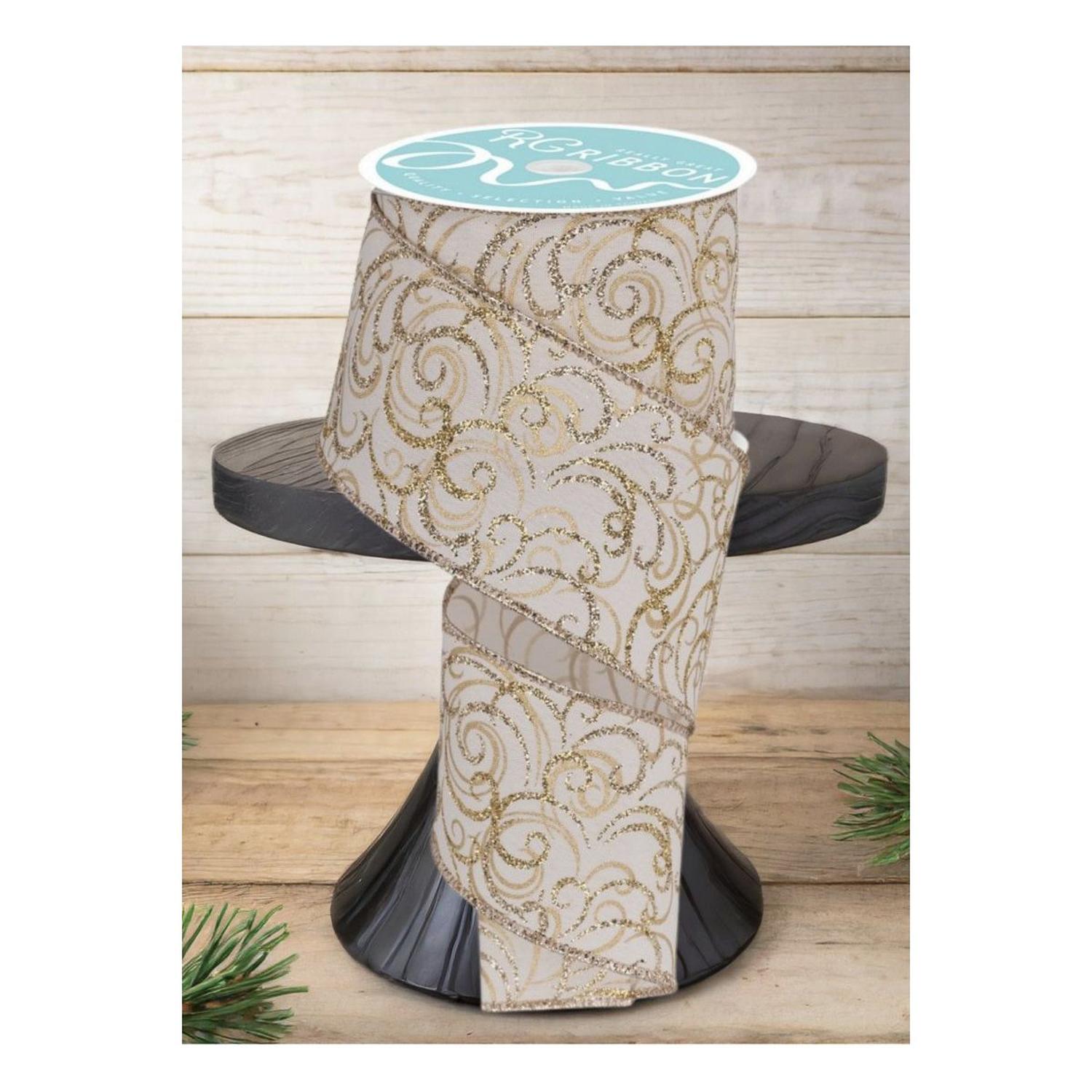 2.5" Multi Swirls Glitter Ribbon: Cream/Gold (10 Yard)