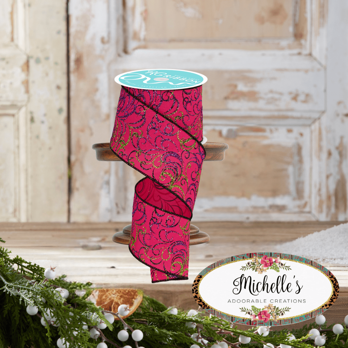 Shop For 2.5" Multi Swirls Glitter Ribbon: Hot Pink/Lime/Black (10 Yard)