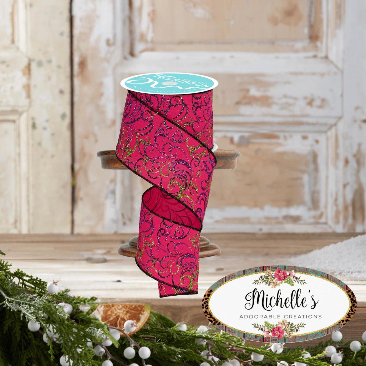 2.5" Multi Swirls Glitter Ribbon: Hot Pink/Lime/Black (10 Yard)