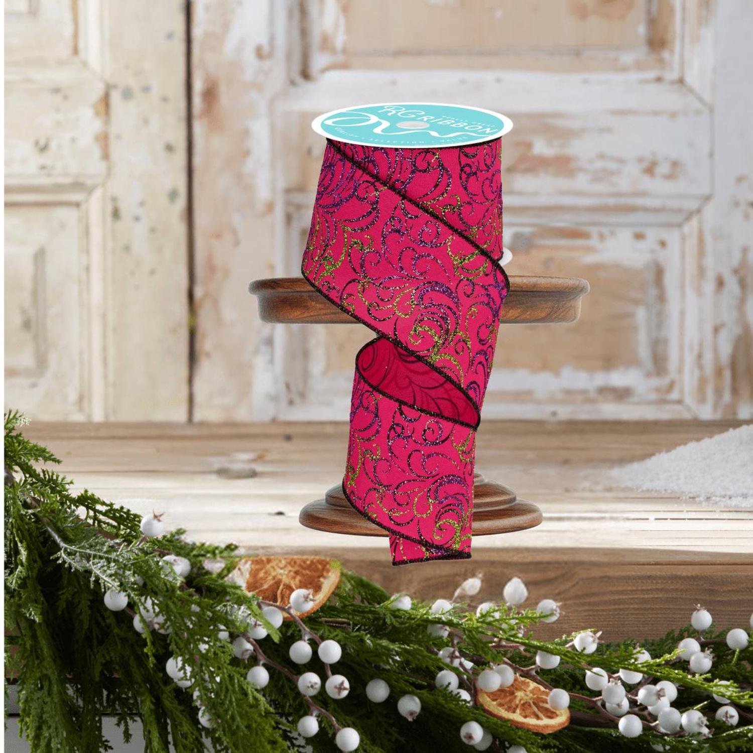 2.5" Multi Swirls Glitter Ribbon: Hot Pink/Lime/Black (10 Yard)