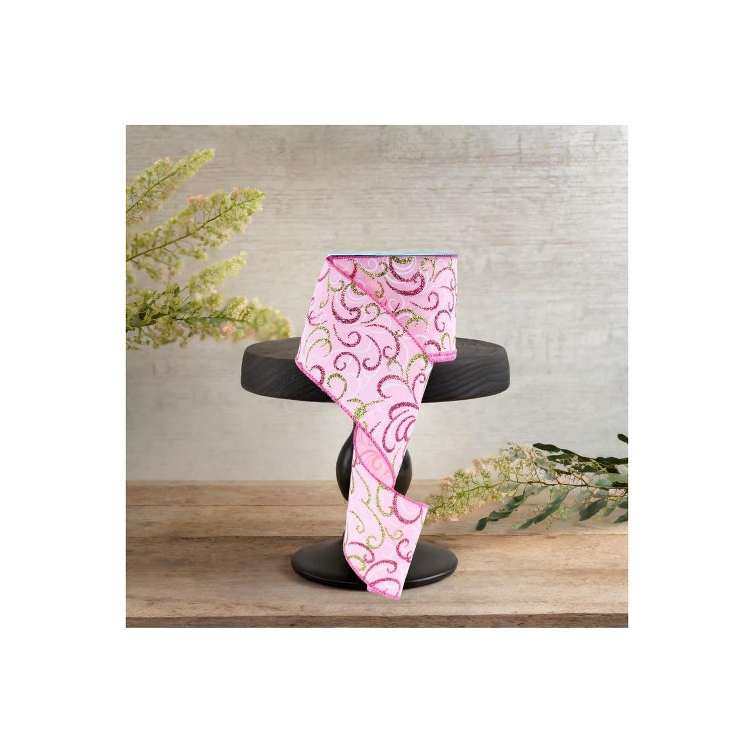 2.5" Multi Swirls Glitter Ribbon: Light Pink/Lime/White (10 Yard)