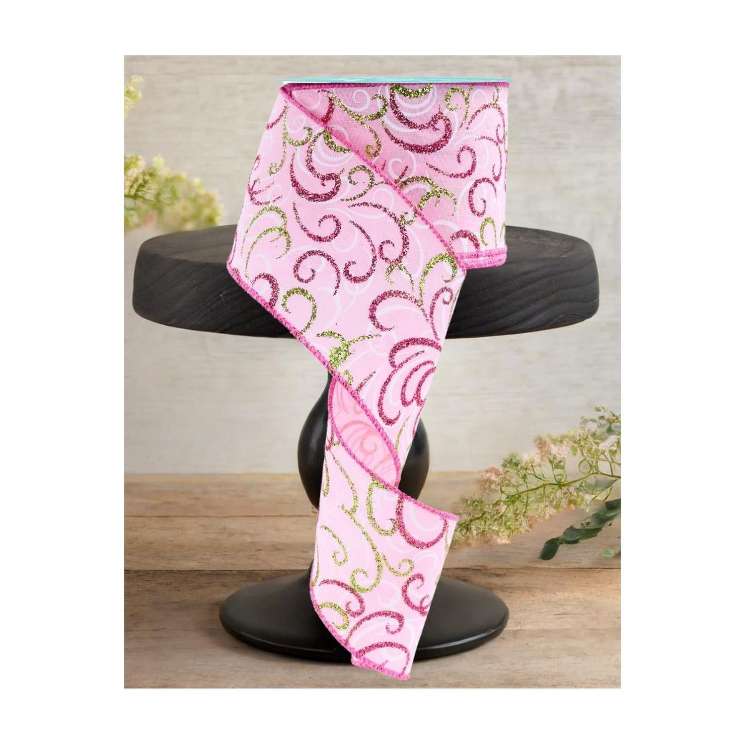 2.5" Multi Swirls Glitter Ribbon: Light Pink/Lime/White (10 Yard)