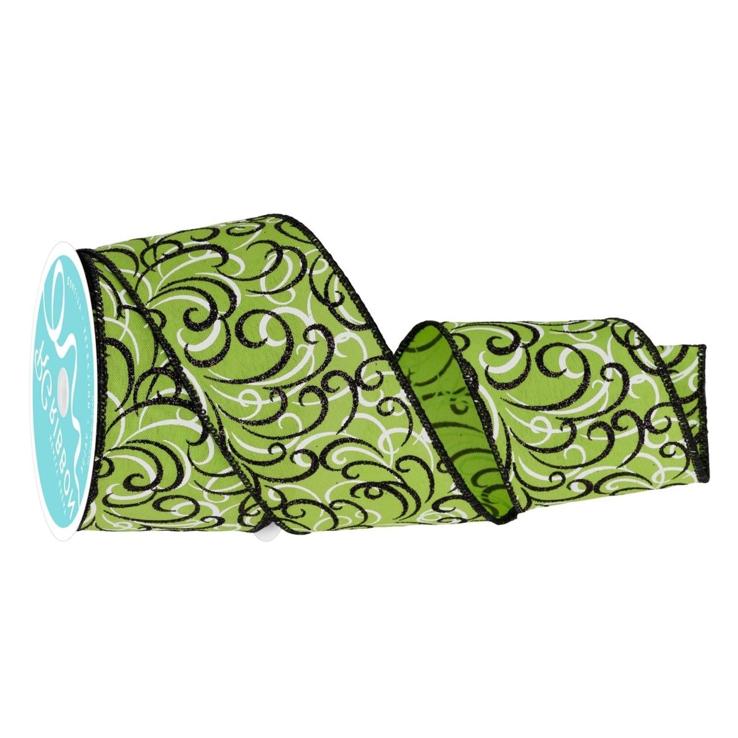 2.5" Multi Swirls Glitter Ribbon: Lime Green/Black (10 Yard)