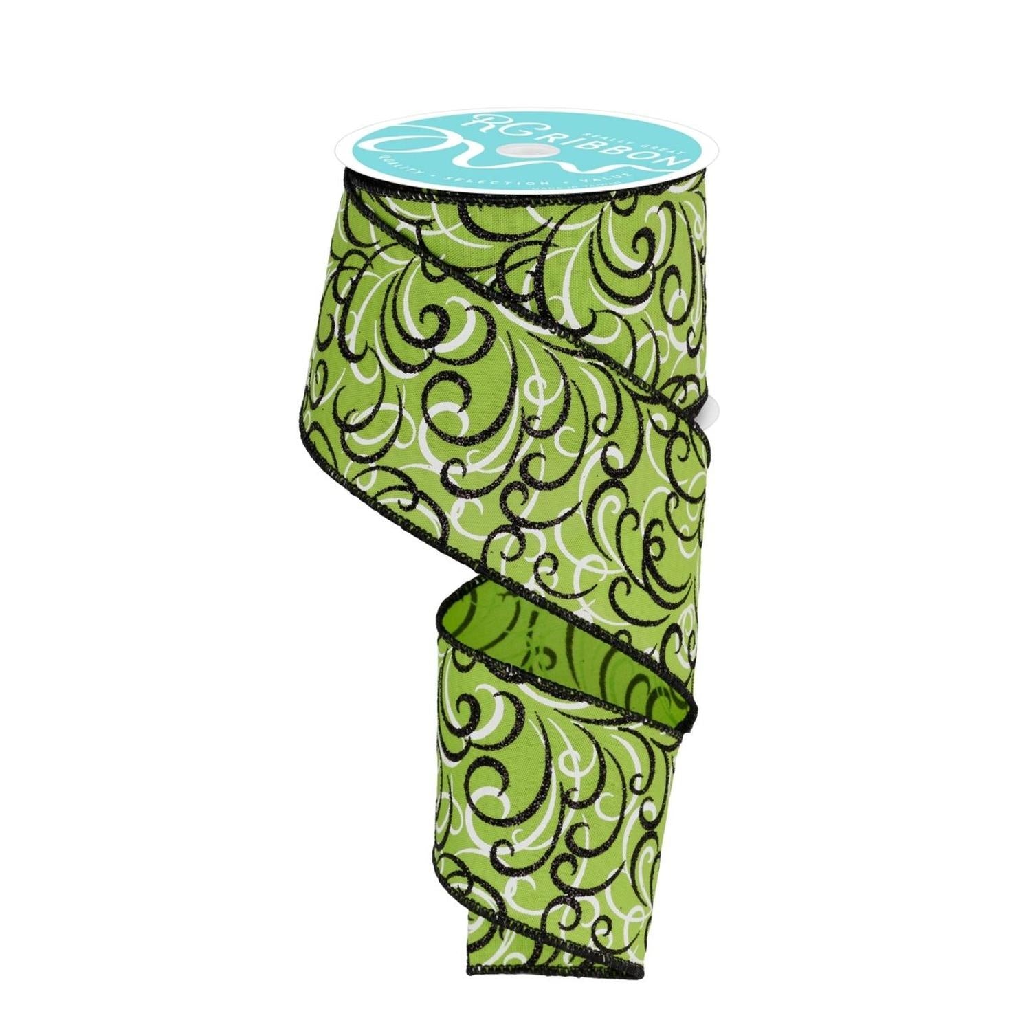 2.5" Multi Swirls Glitter Ribbon: Lime Green/Black (10 Yard)