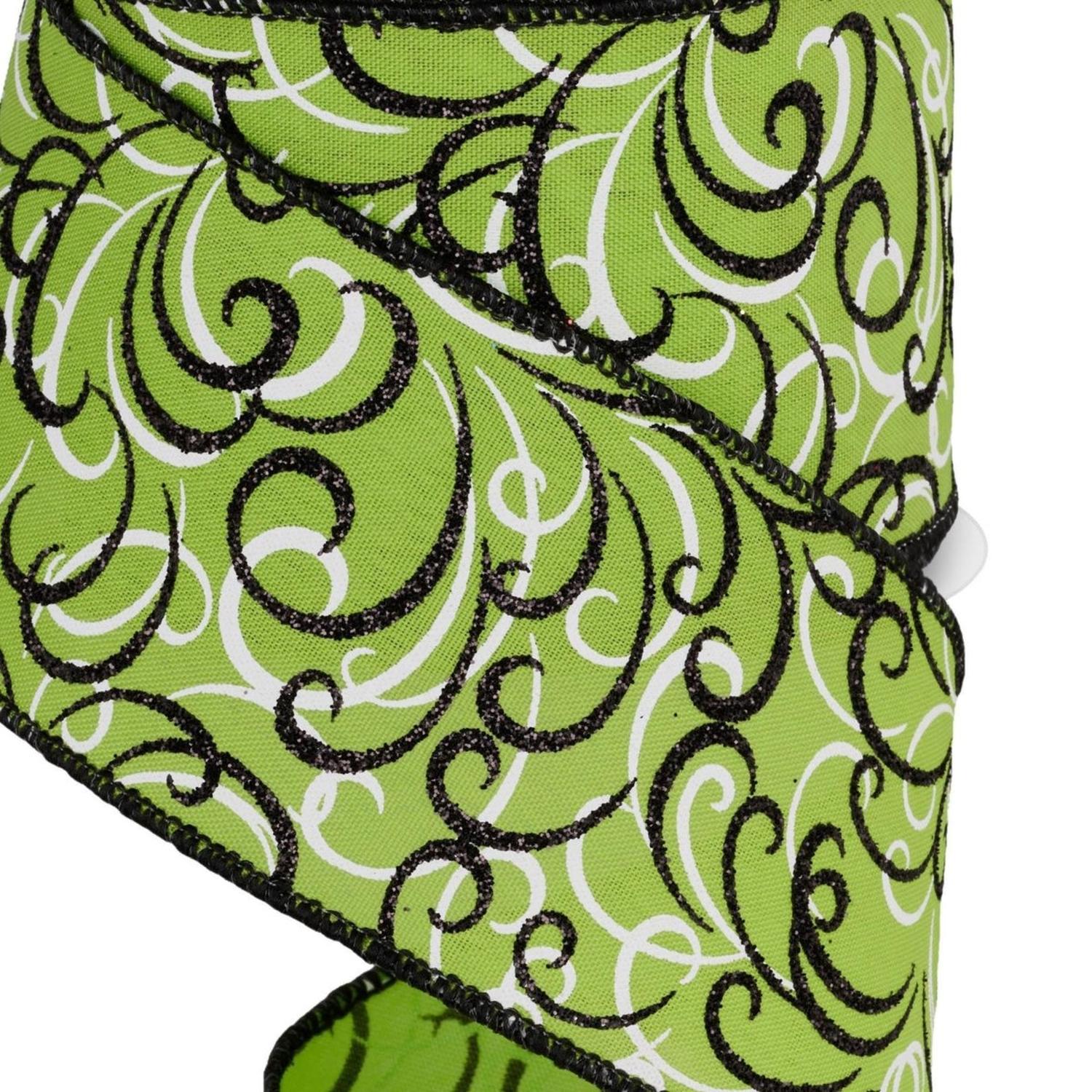 2.5" Multi Swirls Glitter Ribbon: Lime Green/Black (10 Yard)