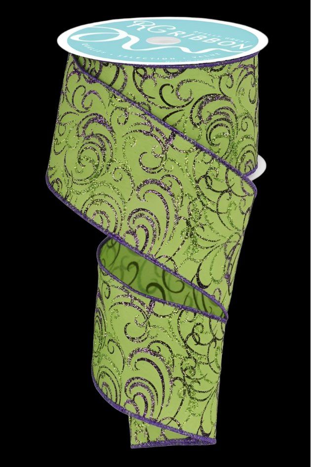 Shop For 2.5" Multi Swirls Glitter Ribbon: Lime Green/Purple (10 Yard) at Michelle's aDOORable Creations