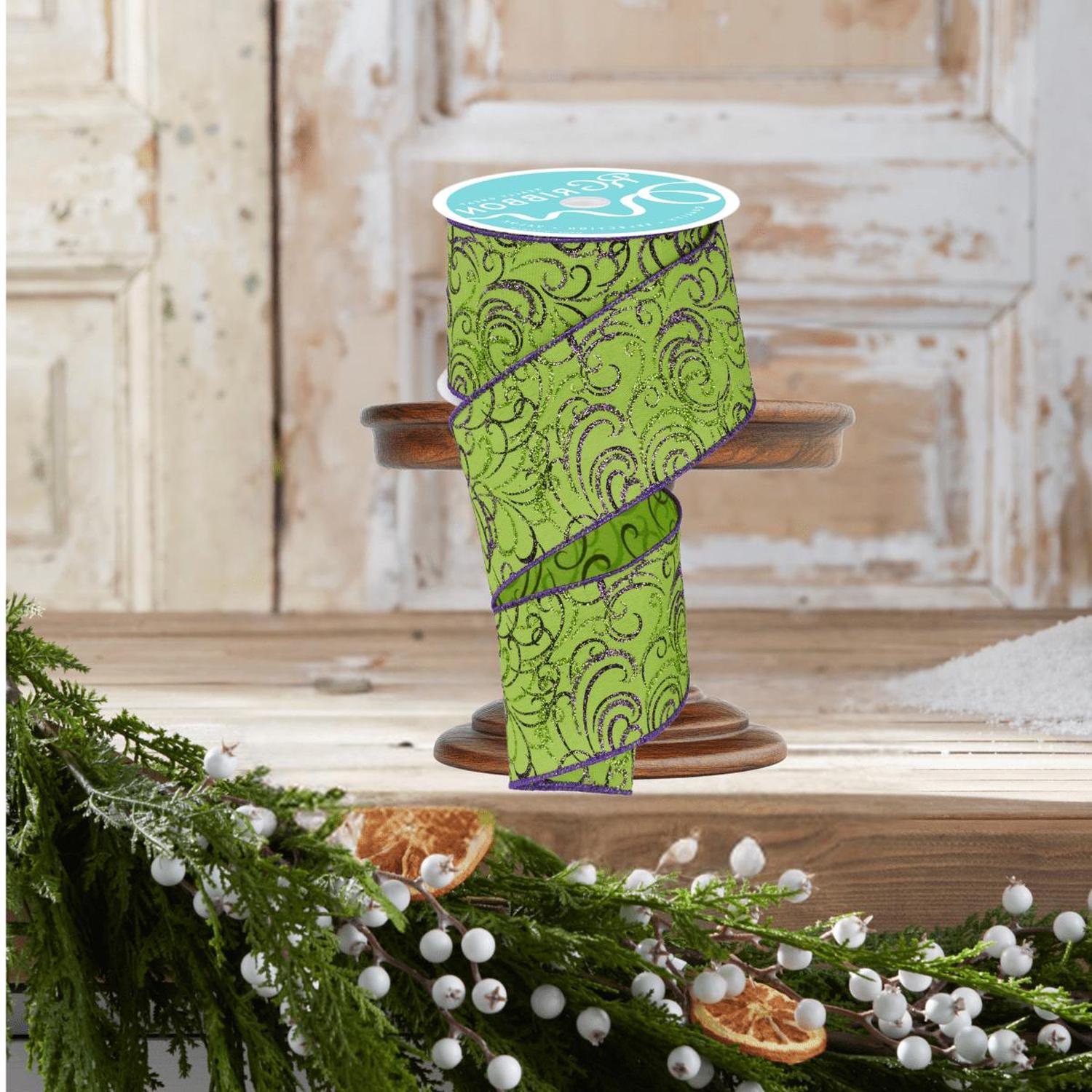 2.5" Multi Swirls Glitter Ribbon: Lime Green/Purple (10 Yard)