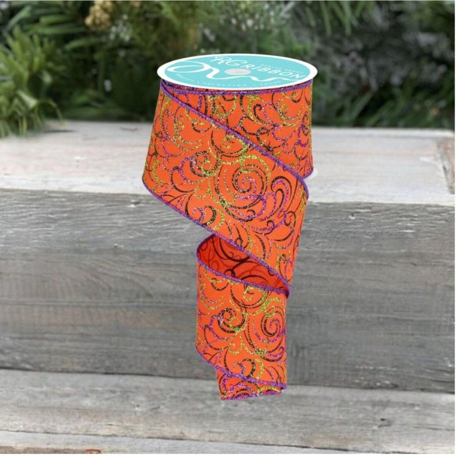 Shop For 2.5" Multi Swirls Glitter Ribbon: Orange/Black/Purple (10 Yard)