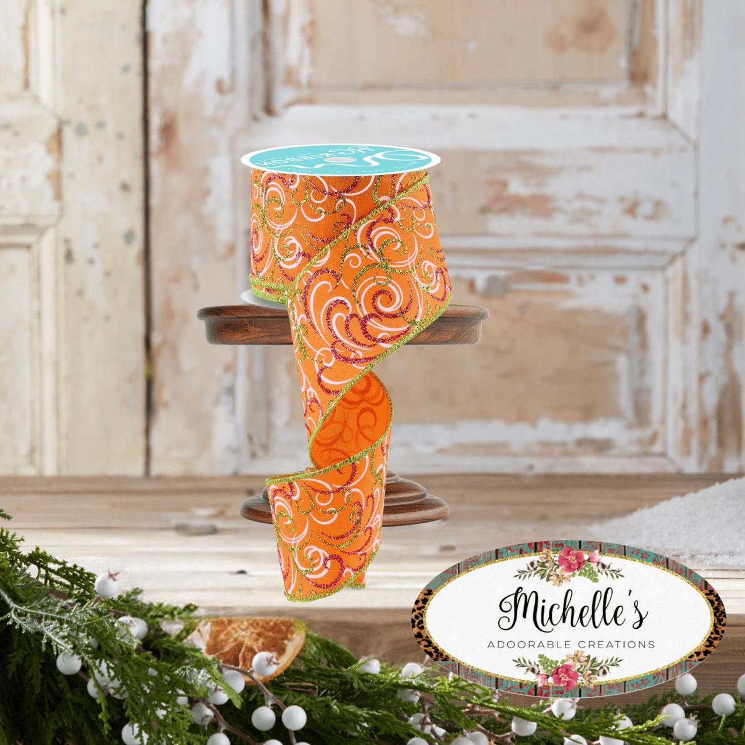 2.5" Multi Swirls Glitter Ribbon: Orange/Pink/Lime (10 Yard)