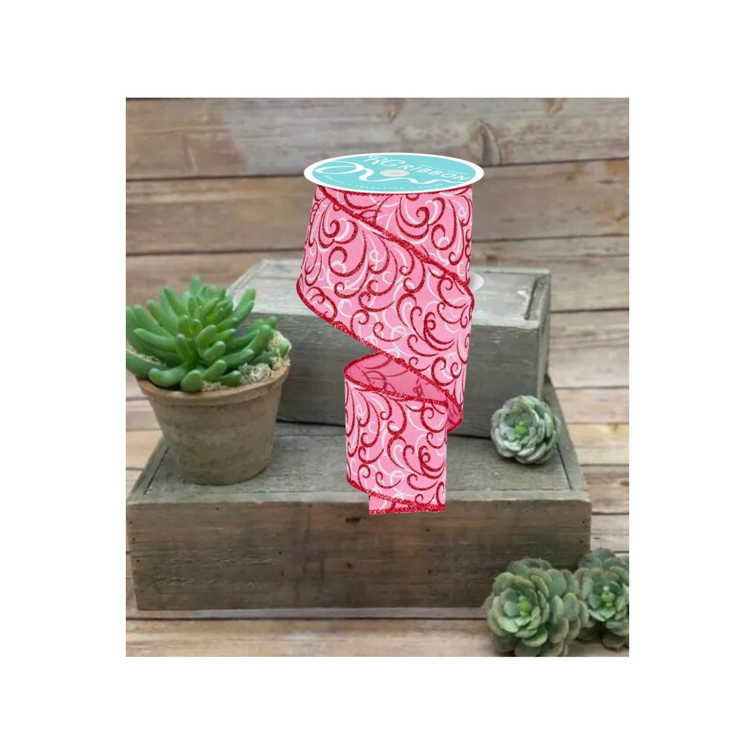 2.5" Multi Swirls Glitter Ribbon: Pink/Red (10 Yard)