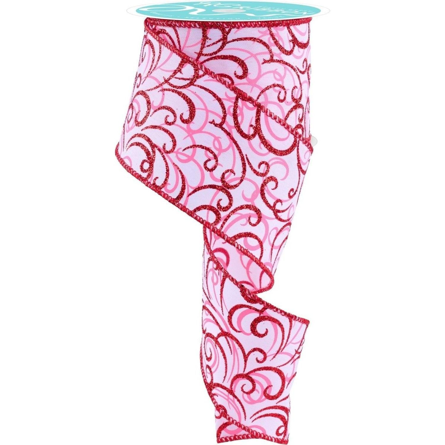 2.5" Multi Swirls Glitter Ribbon: White/Pink/Red (10 Yard)