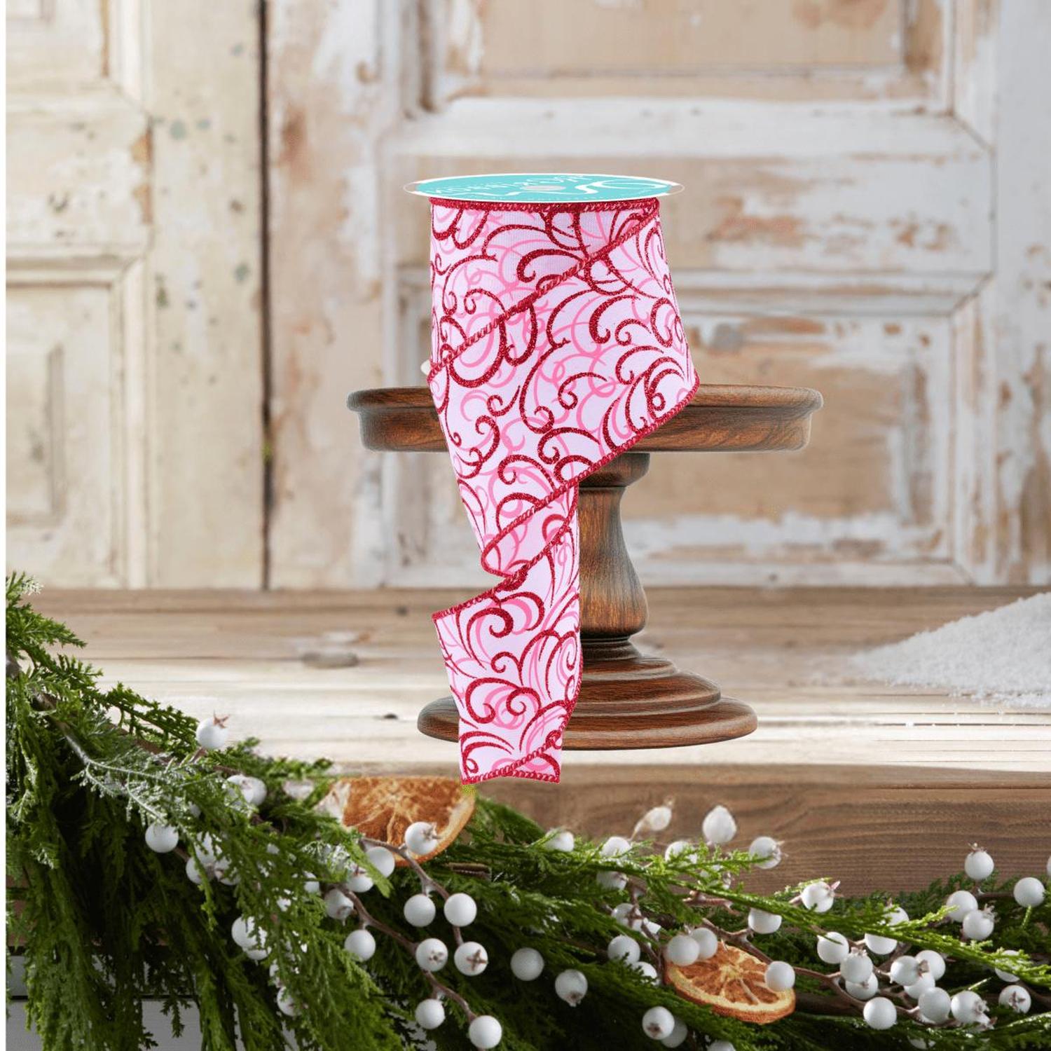 2.5" Multi Swirls Glitter Ribbon: White/Pink/Red (10 Yard)