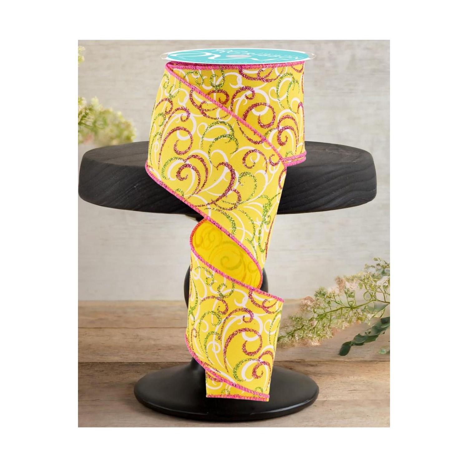 2.5" Multi Swirls Glitter Ribbon: Yellow/Pink/Lime (10 Yard)