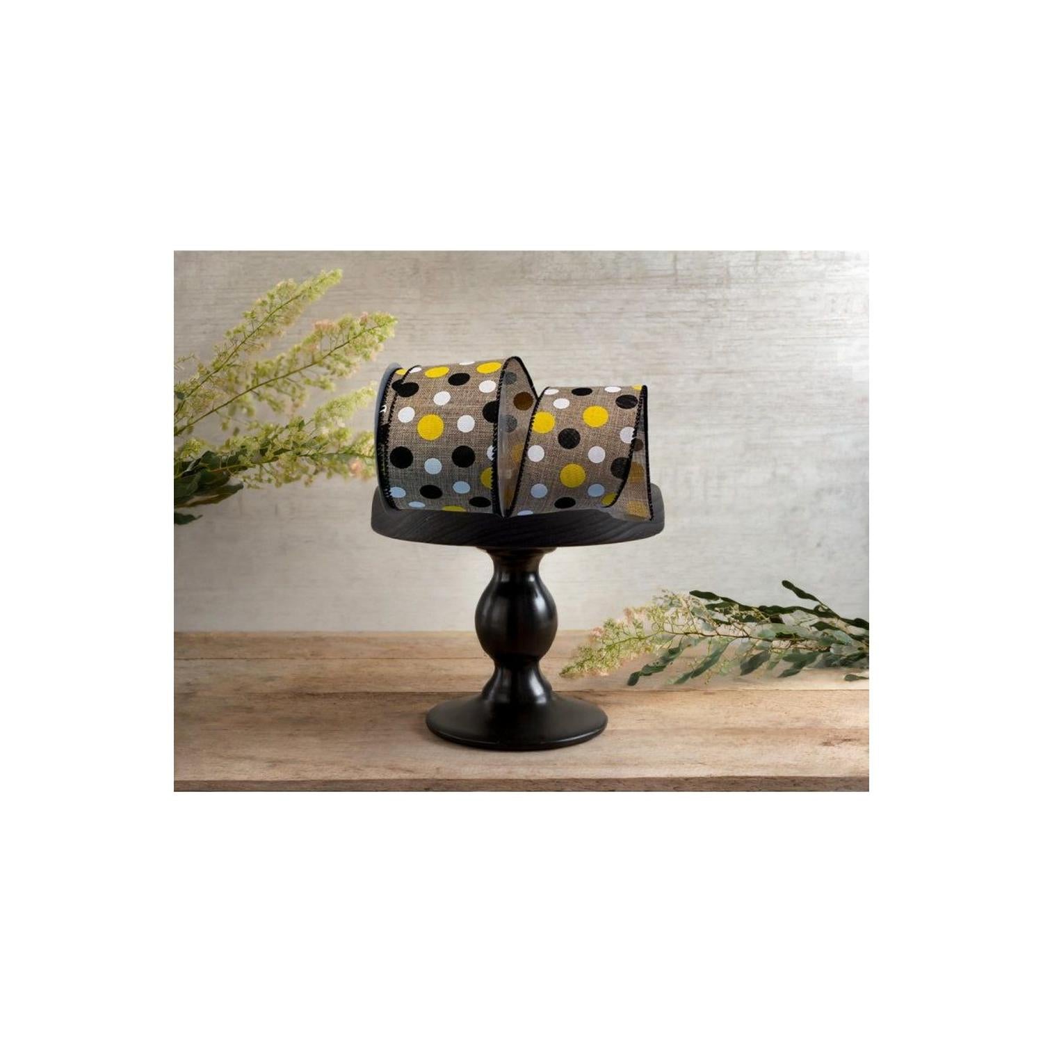 2.5" Natural Canvas Ribbon: Black, Yellow, White Dots (10 Yards)