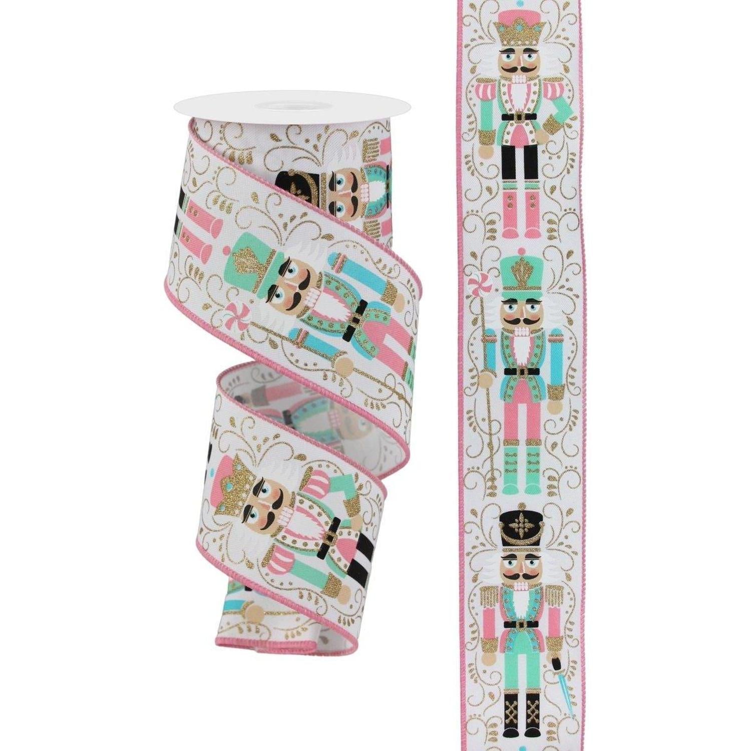 2.5" Nutcracker Ribbon: White/Pink (10 Yards)
