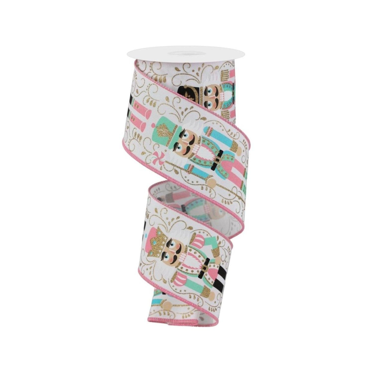 2.5" Nutcracker Ribbon: White/Pink (10 Yards)