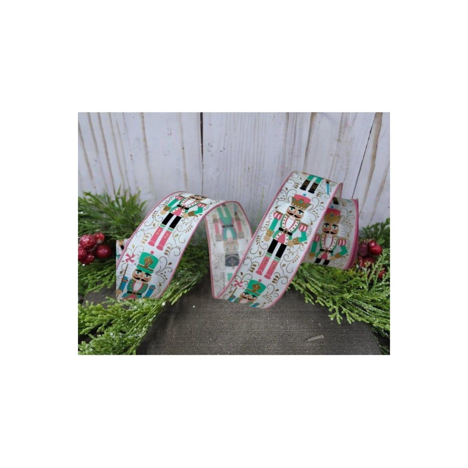 2.5" Nutcracker Ribbon: White/Pink (10 Yards)