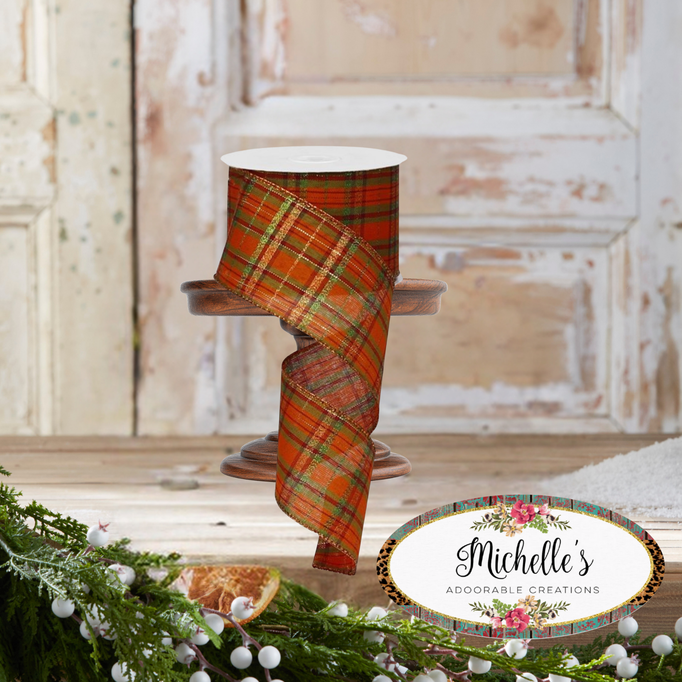 Shop For 2.5" Orange Metallic Plaid Ribbon: Moss, Burgundy, Orange, Lime (10 Yards)