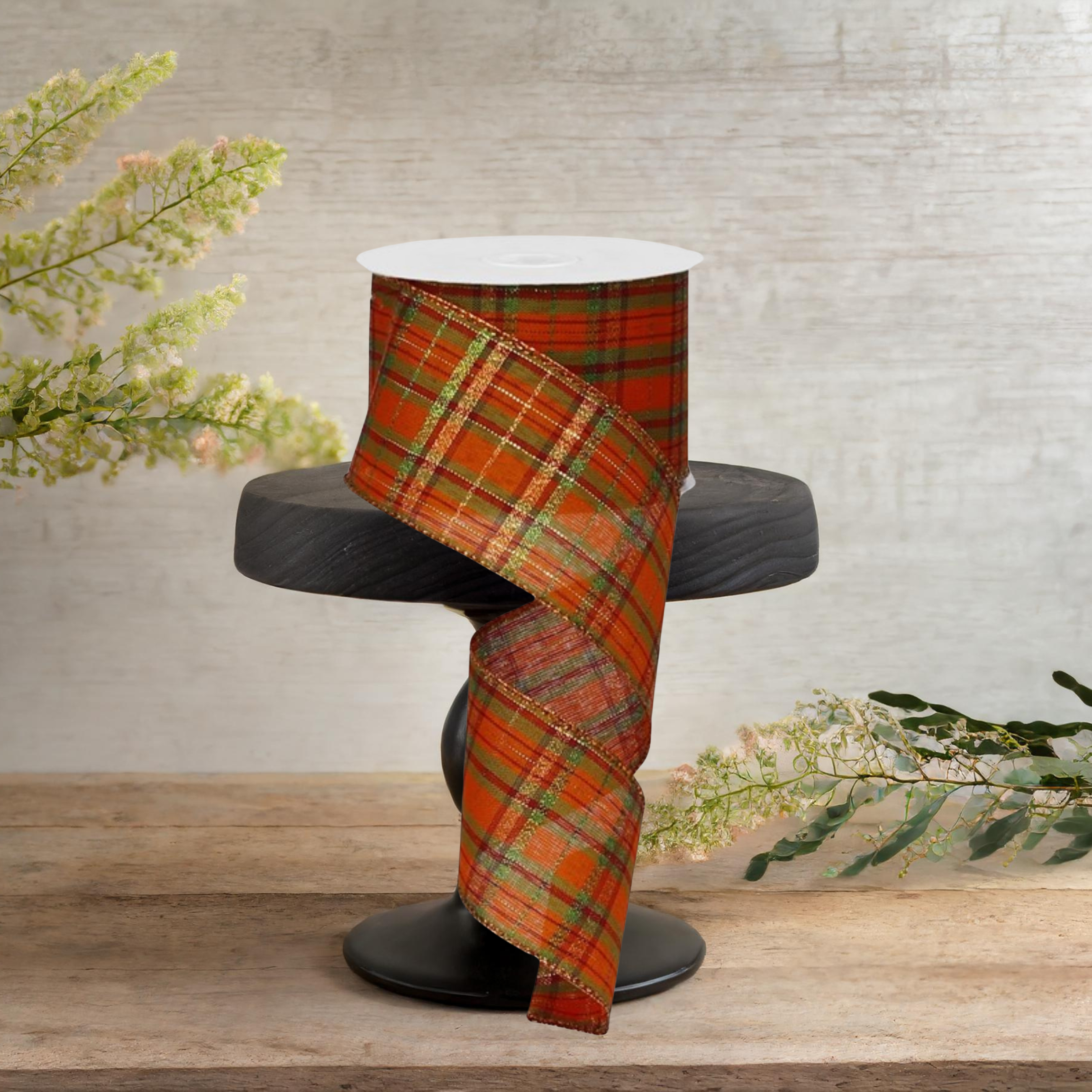 Shop For 2.5" Orange Metallic Plaid Ribbon: Moss, Burgundy, Orange, Lime (10 Yards)