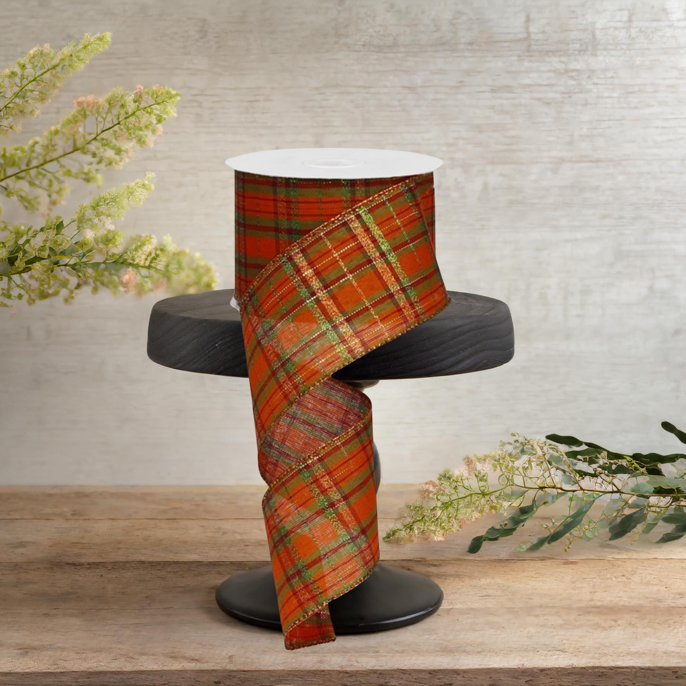 Shop For 2.5" Orange Metallic Plaid Ribbon: Moss, Burgundy, Orange, Lime (10 Yards)