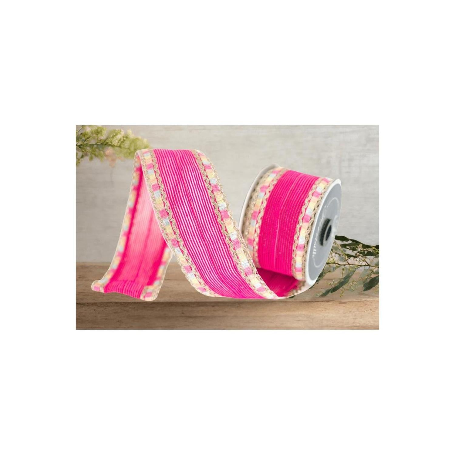 2.5" Pastel Border Ribbon: Hot Pink (10 Yards)