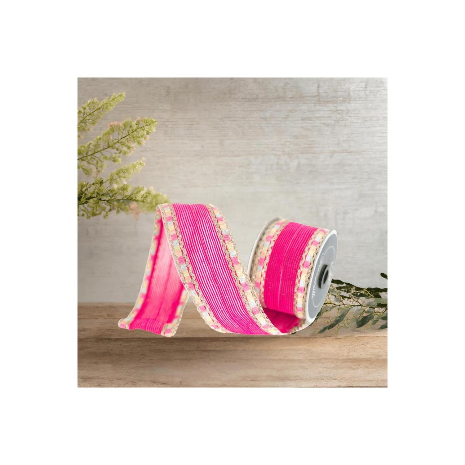 2.5" Pastel Border Ribbon: Hot Pink (10 Yards)