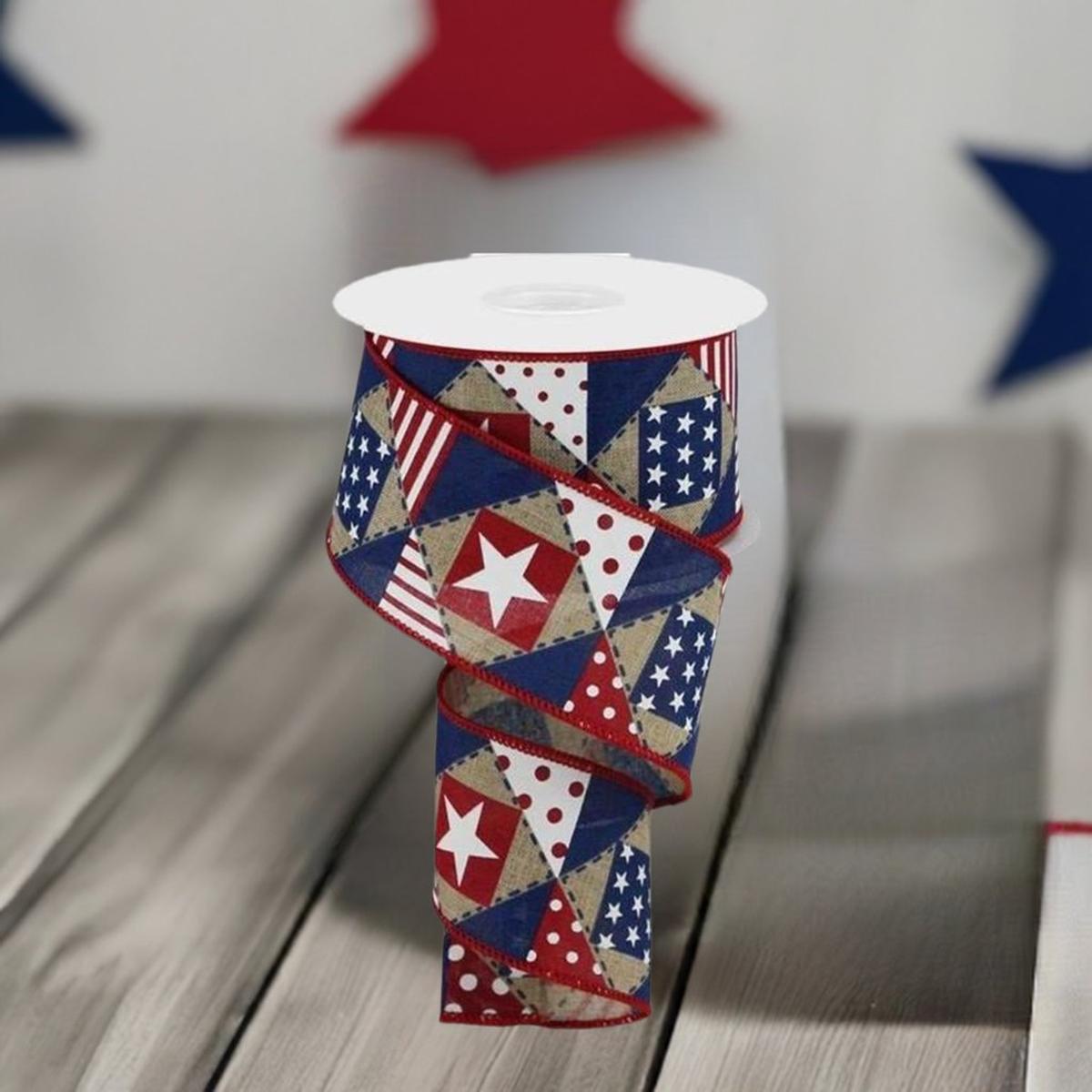Shop For 2.5" Patriotic Patchwork Royal Ribbon: Natural (10 Yards) at Michelle's aDOORable Creations