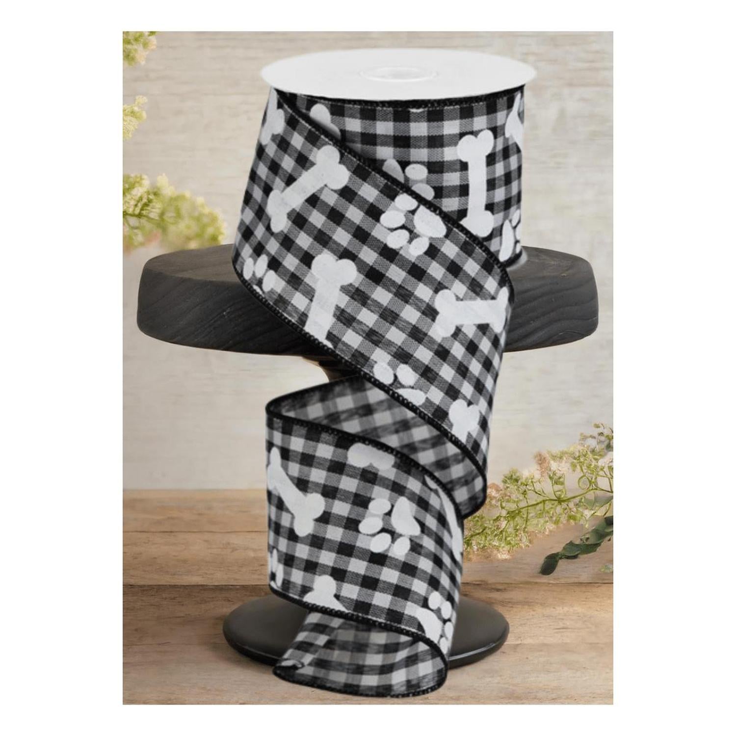 2.5" Paw Print Bone Check Ribbon: Black/White (10 Yards)