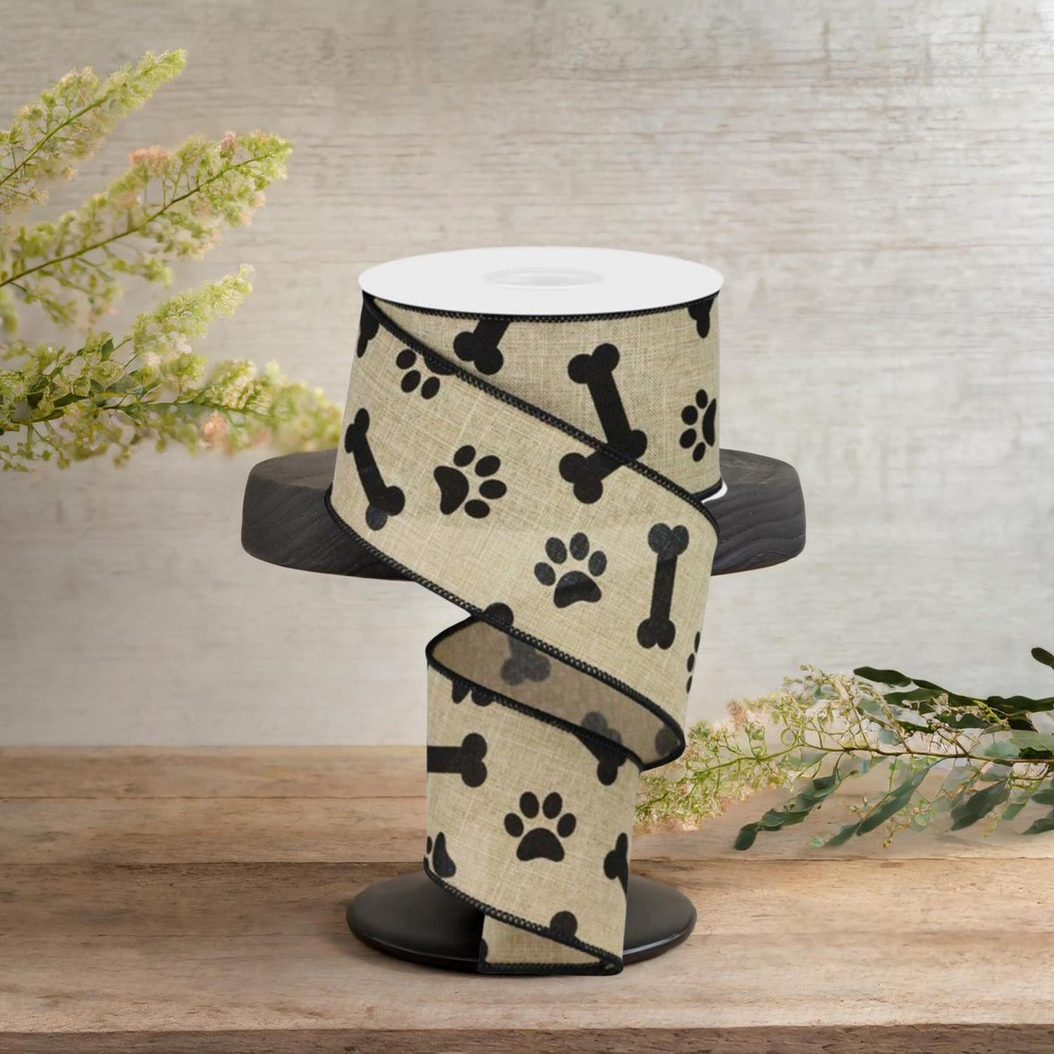2.5" Paw Print Royal Ribbon: Light Beige & Black (10 Yards)