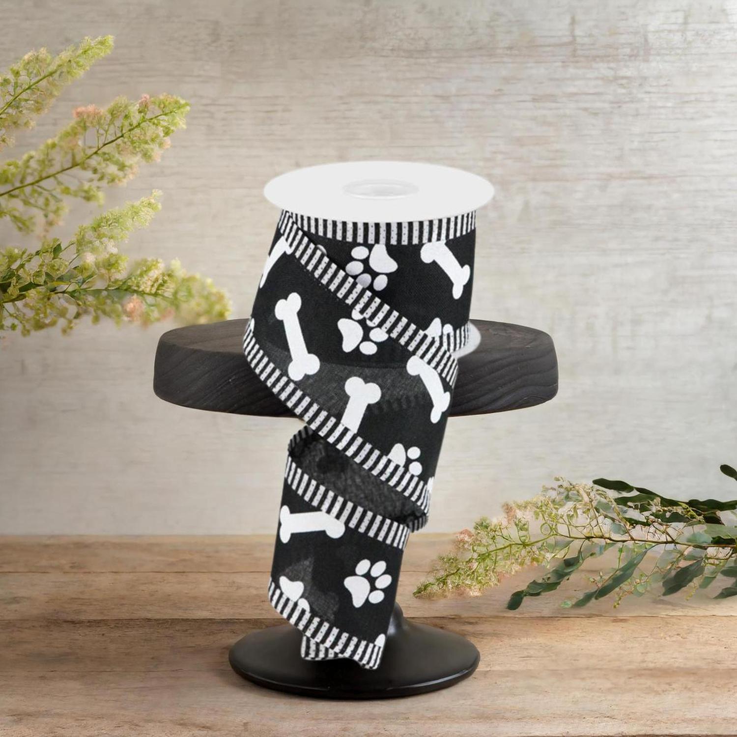 Shop For 2.5" Paw Print Thin Stripe Ribbon: Black & White (10 Yards)