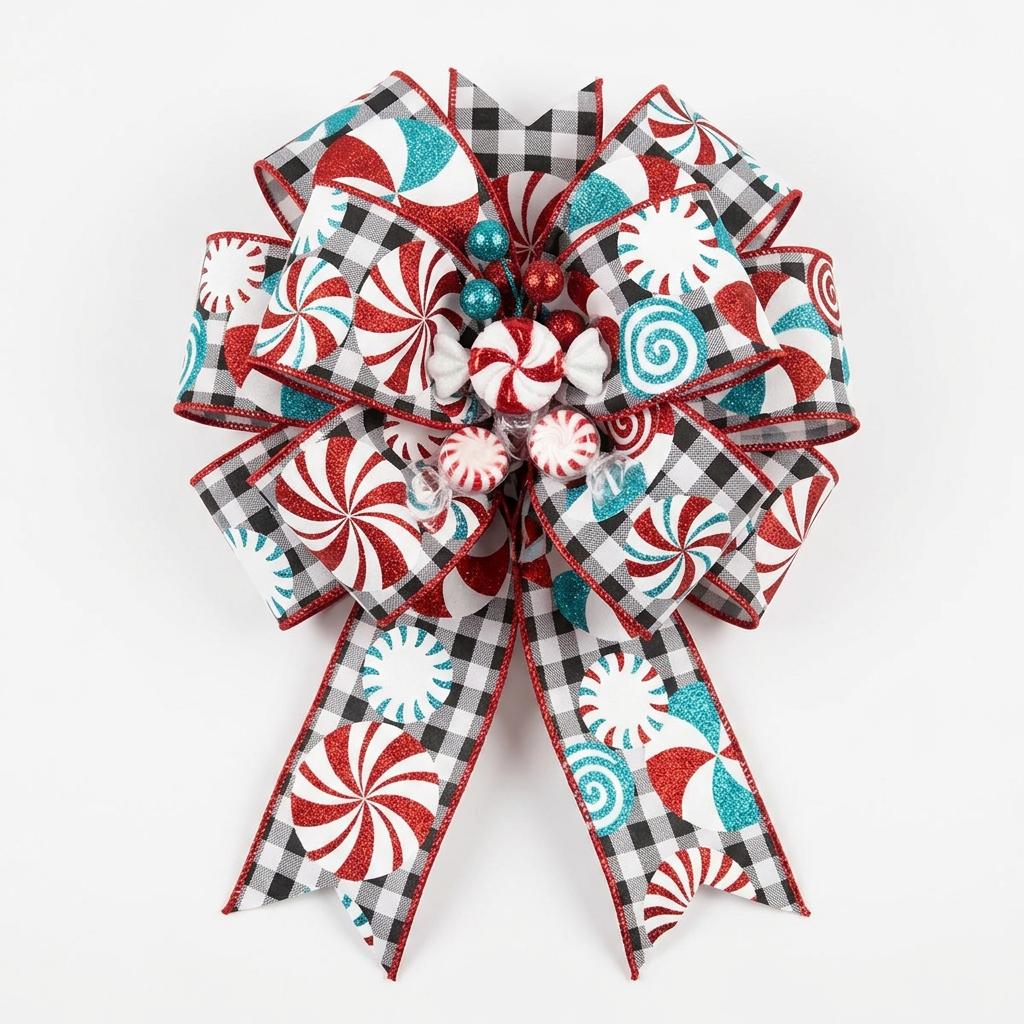 Peppermint gingham wired edge ribbon pull bow with glitter candy cane pattern and bead accents