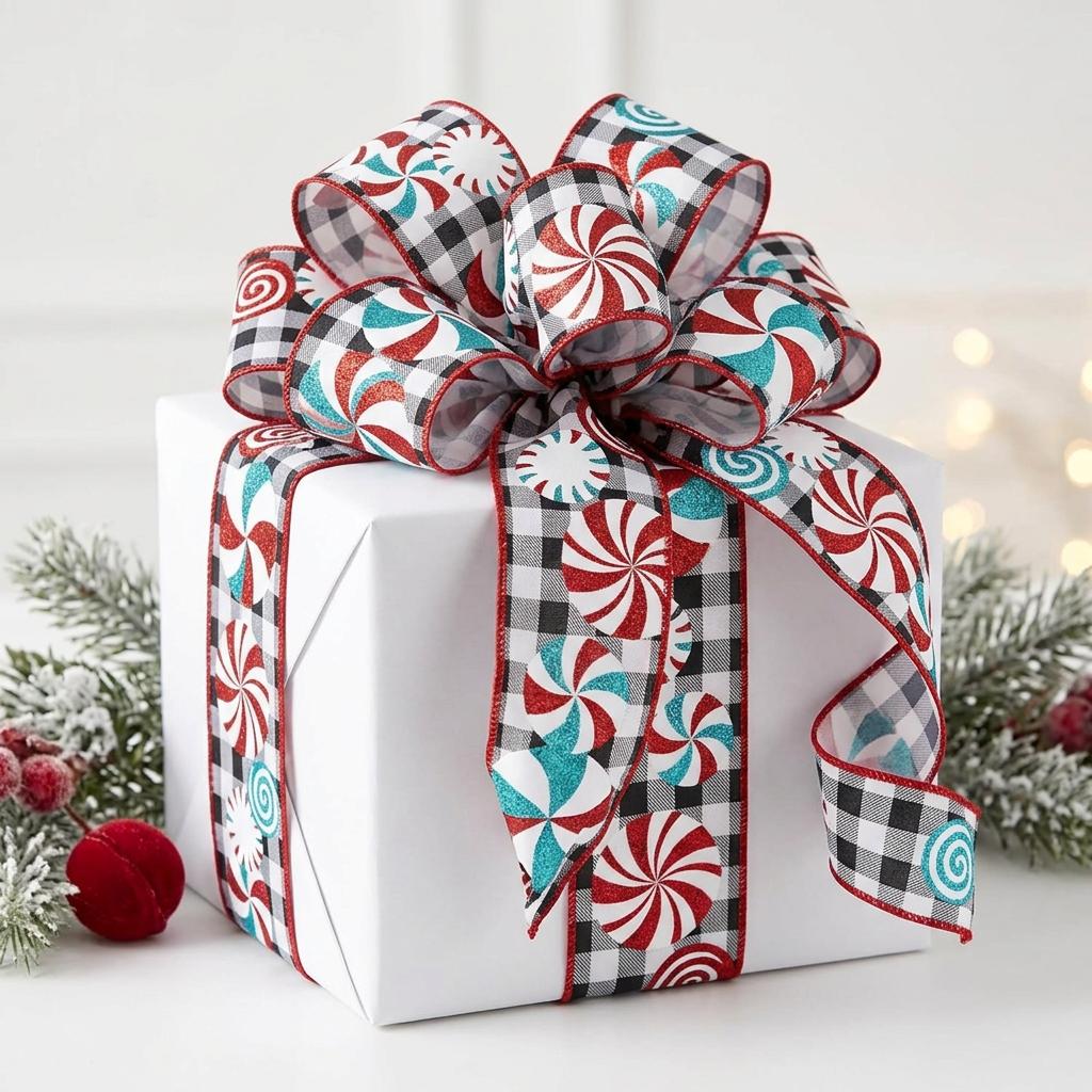 Black and white gingham wired ribbon with red and turquoise peppermint swirls tied in a bow on a gift box
