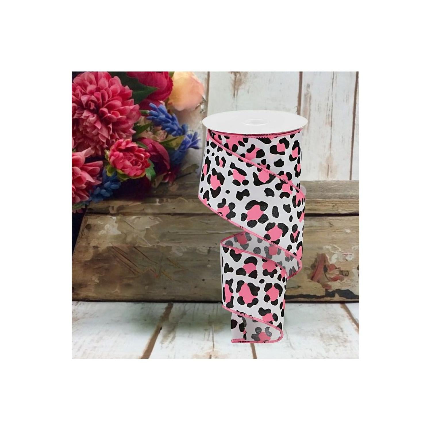 2.5" Pink Leopard Ribbon: White (10 Yards)