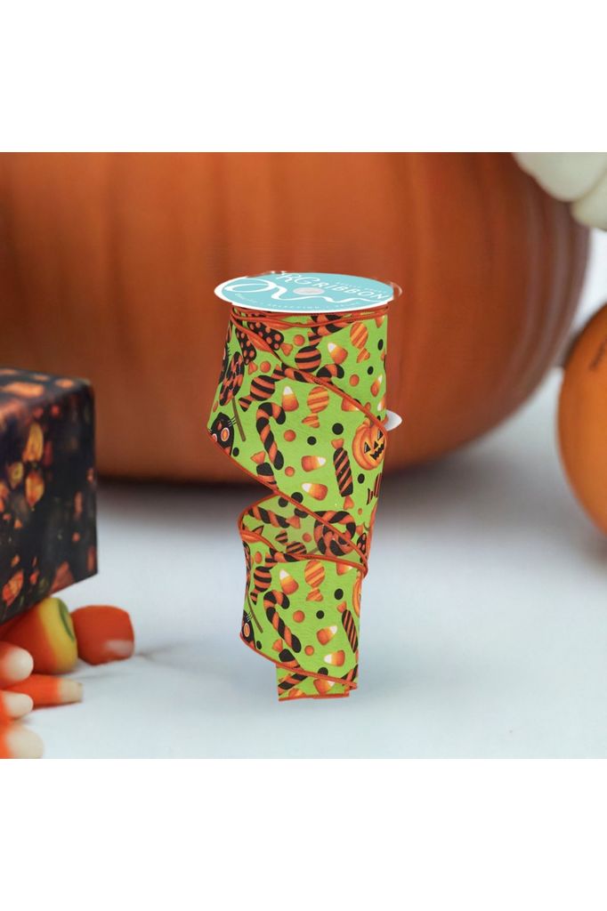 Shop For 2.5" Pumpkin Cat Candy Ribbon: Lime Green (10 Yards) at Michelle's aDOORable Creations