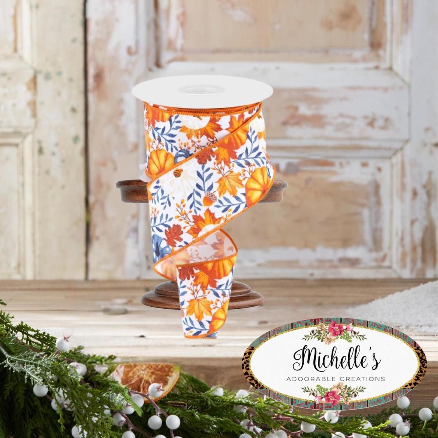 2.5" Pumpkin Foliage Ribbon: White/Navy (10 Yards)