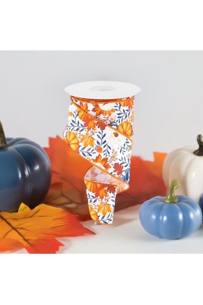 Shop For 2.5" Pumpkin Foliage Ribbon: White/Navy (10 Yards) at Michelle's aDOORable Creations