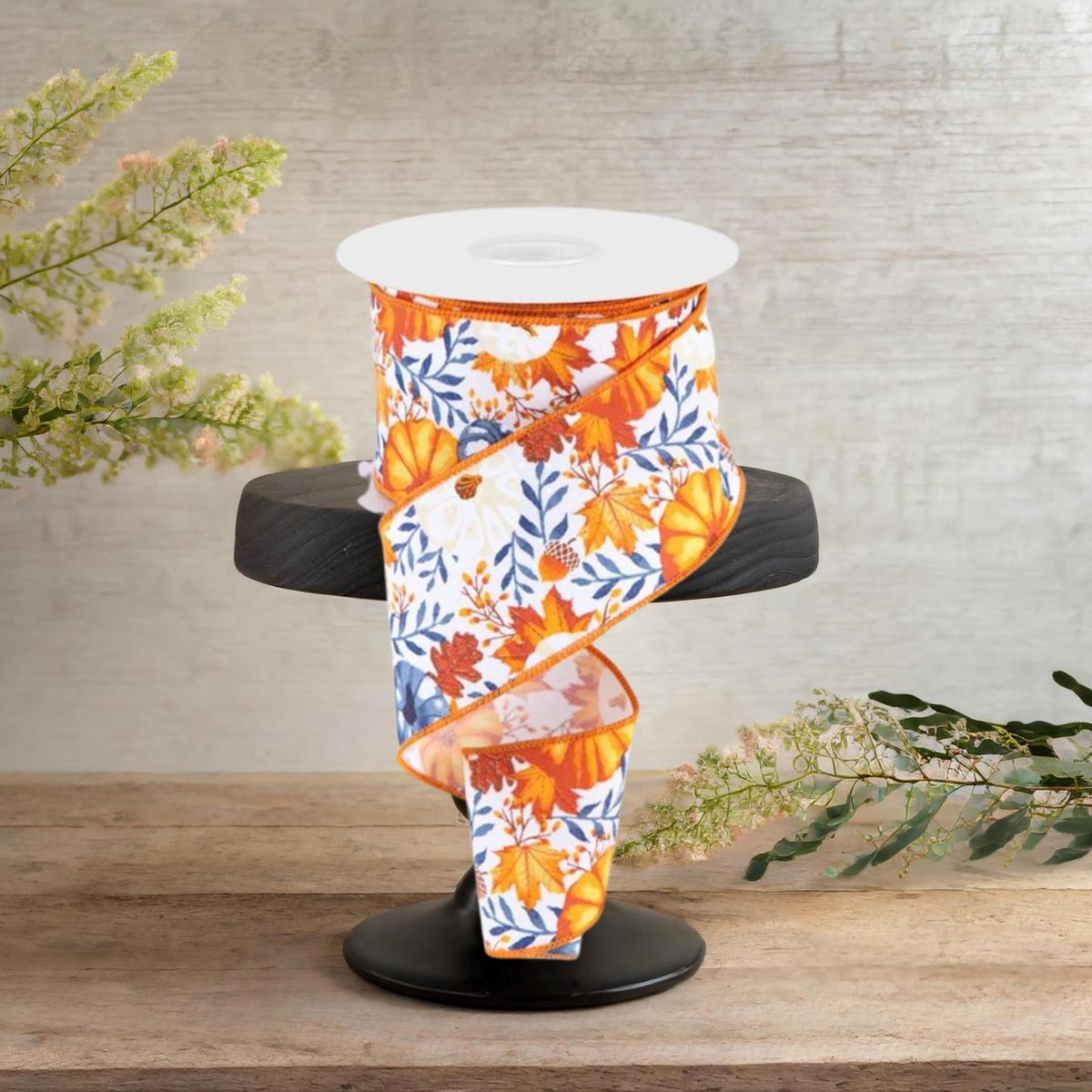 Shop For 2.5" Pumpkin Foliage Ribbon: White/Navy (10 Yards)