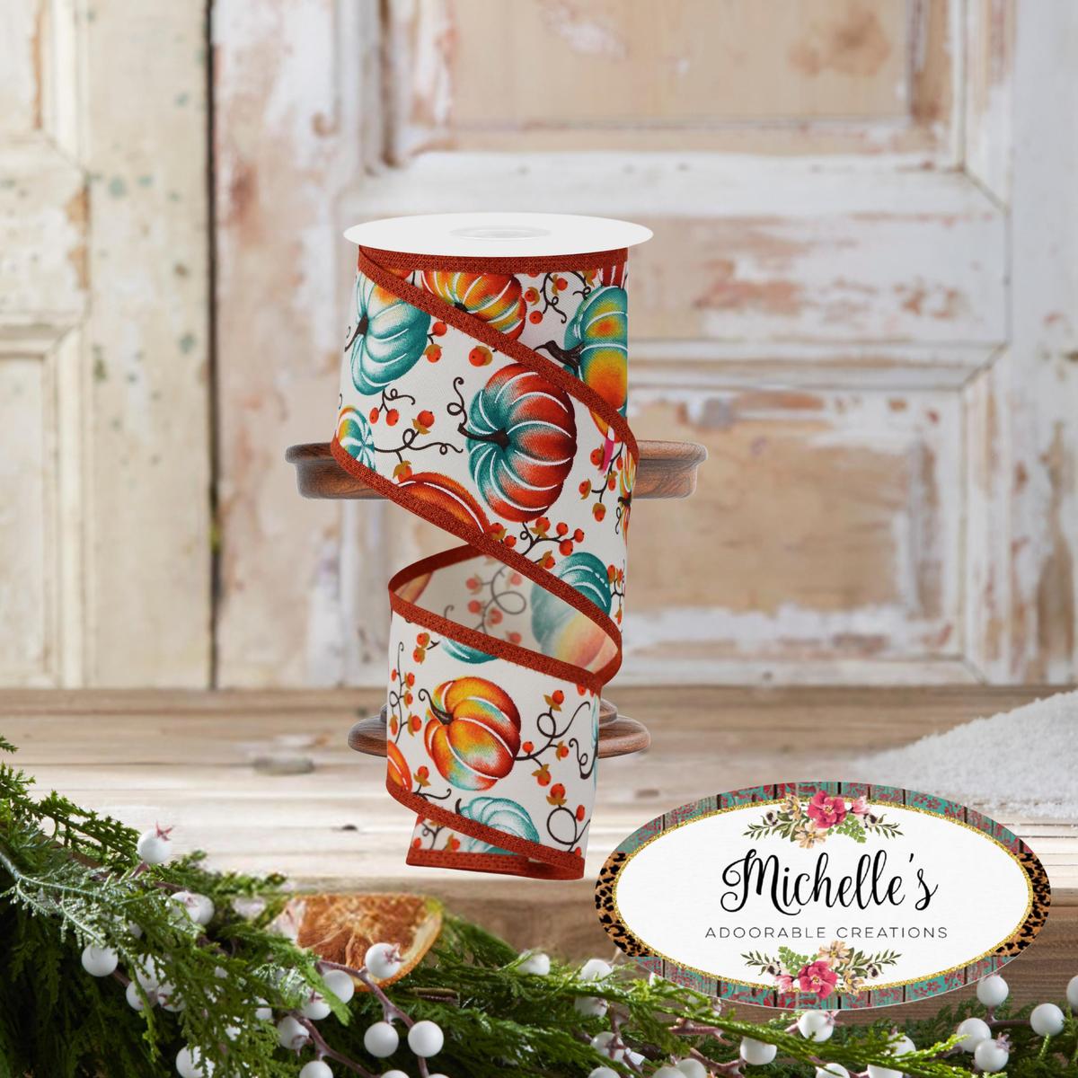 Shop For 2.5" Pumpkins Bittersweet Ribbon: Ivory/Teal (10 Yards)