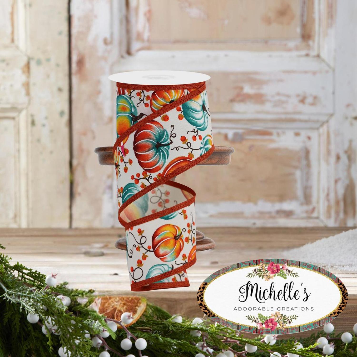 2.5" Pumpkins Bittersweet Ribbon: Ivory/Teal (10 Yards)