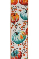 Shop For 2.5" Pumpkins Bittersweet Ribbon: Ivory/Teal/Rust (10 Yards)