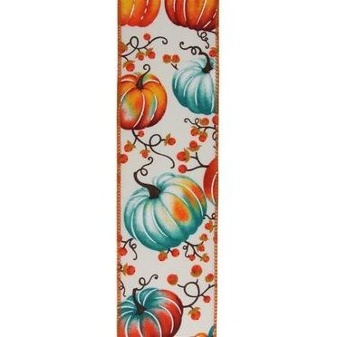 Shop For 2.5" Pumpkins Bittersweet Ribbon: Ivory/Teal/Rust (10 Yards)
