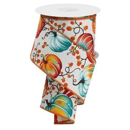 Shop For 2.5" Pumpkins Bittersweet Ribbon: Ivory/Teal/Rust