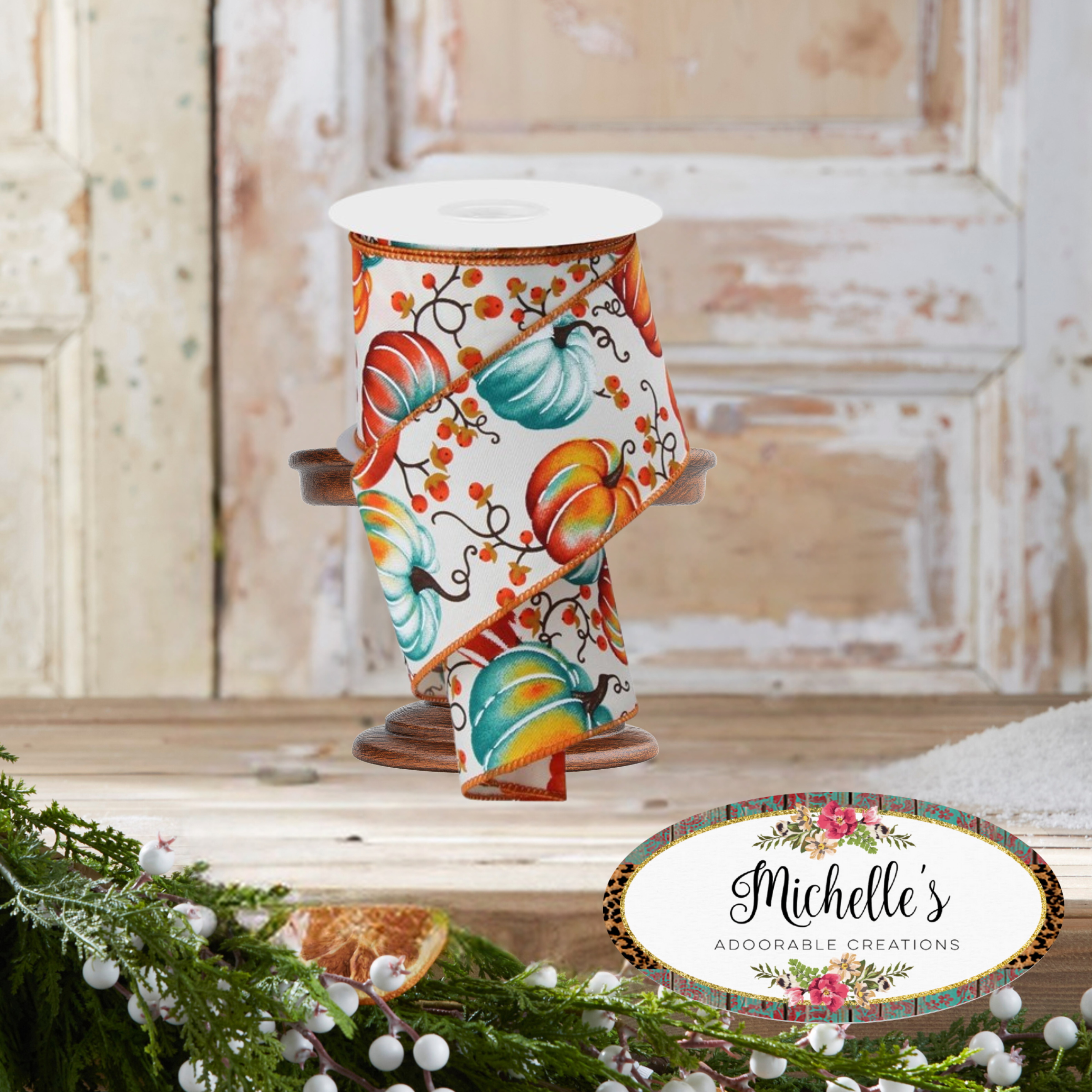 Shop For 2.5" Pumpkins Bittersweet Ribbon: Ivory/Teal/Rust